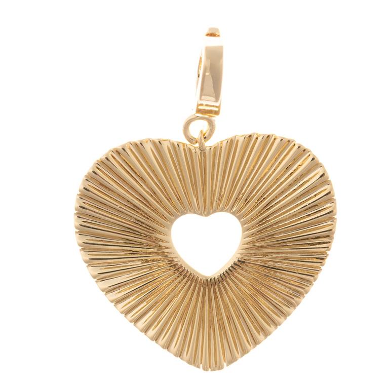 Gold heart-shaped pendant with textured pattern, cut-out center, 18K gold-plated bail. Sizes available: small, medium, large.