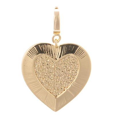 Gold heart-shaped 18K plated pendant with textured center, radiant lines, small loop. Available sizes: S, M, L.