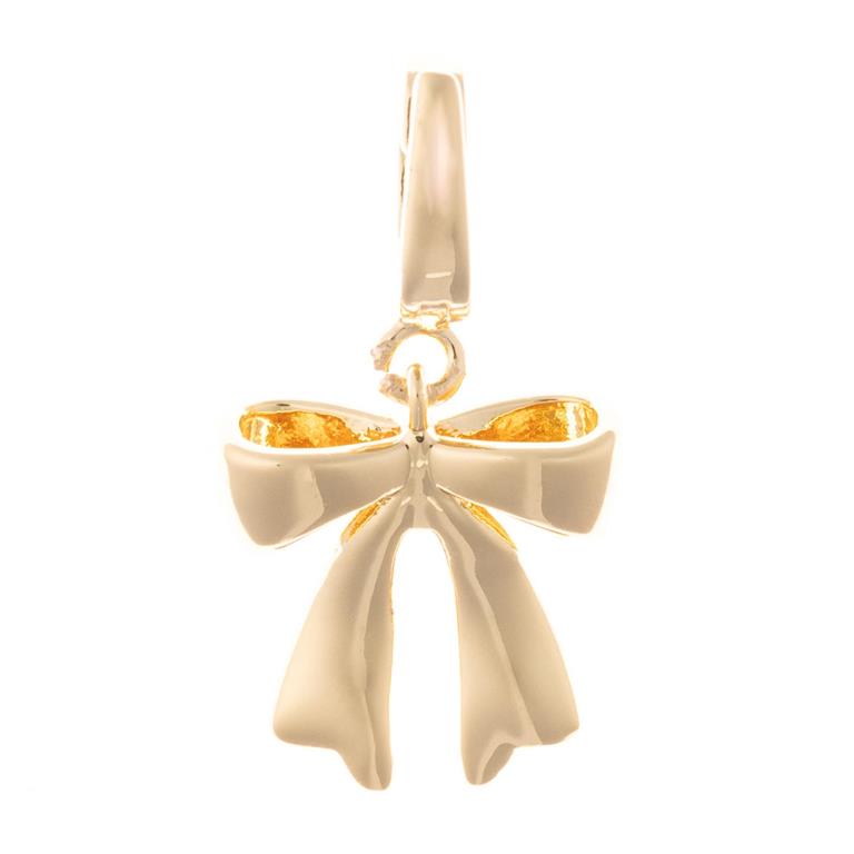 18K gold-plated, bow-shaped clip-on charm with shiny finish and top loop; available in multiple sizes for necklaces or bracelets.