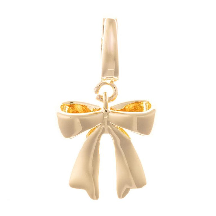 18K gold-plated, bow-shaped clip-on charm with shiny finish and top loop; available in multiple sizes for necklaces or bracelets.