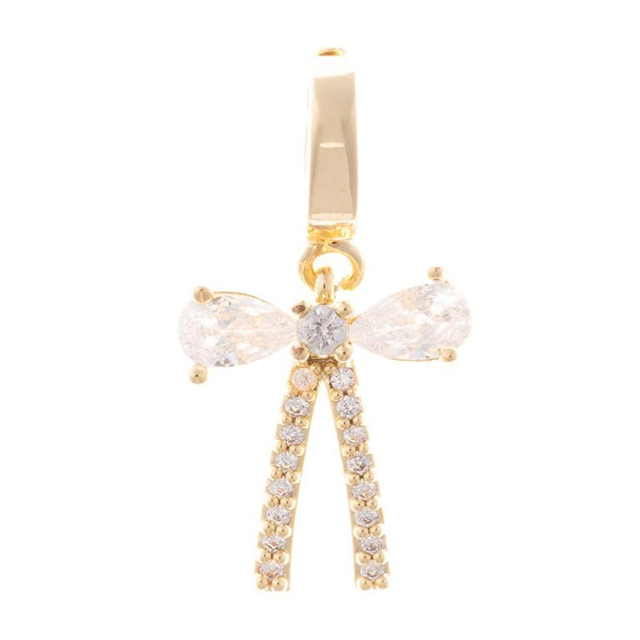 18K gold plated abstract bow/angel pendant with two pear-shaped clear gemstone wings. Sizes: S, M, L.