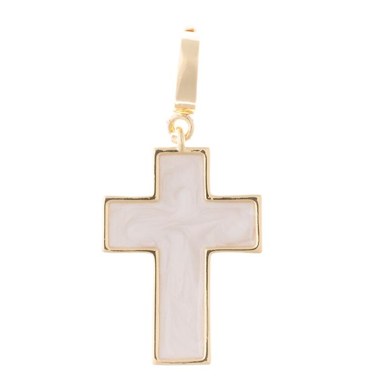 Gold-framed cross pendant with marble-like center and 18K gold-plated loop; available in multiple sizes.