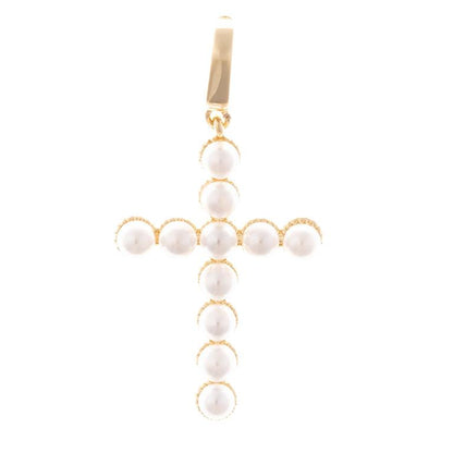 Gold cross pendant with round white pearls, 18K gold-plated loop. Available in small, medium, and large sizes.