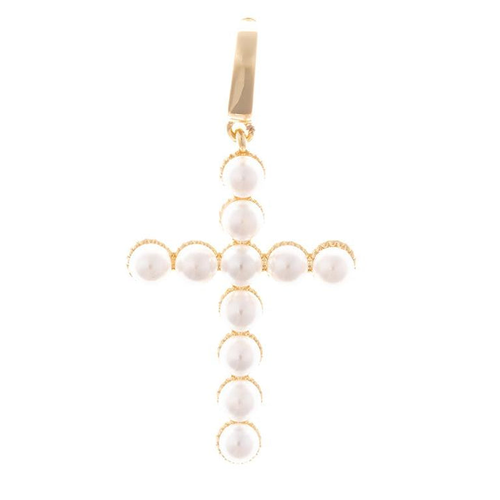 Gold cross pendant with round white pearls, 18K gold-plated loop. Available in small, medium, and large sizes.