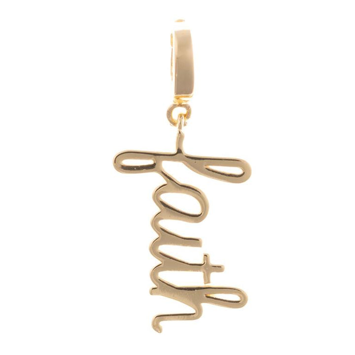 18K gold plated "faith" pendant, clip-on style, cross-shaped "f," fits charm necklaces. Available sizes: 1", 1.5".