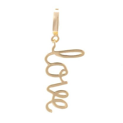 18K gold-plated chain with vertical “love” cursive pendant; clip-on bar for easy charm switching. Available in multiple sizes.