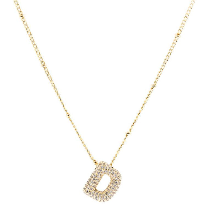Chloe Necklace: 18K Gold Plated chain, "D"-shaped pendant with sparkling gems and decorative beads. Available in 16" and 18" lengths.