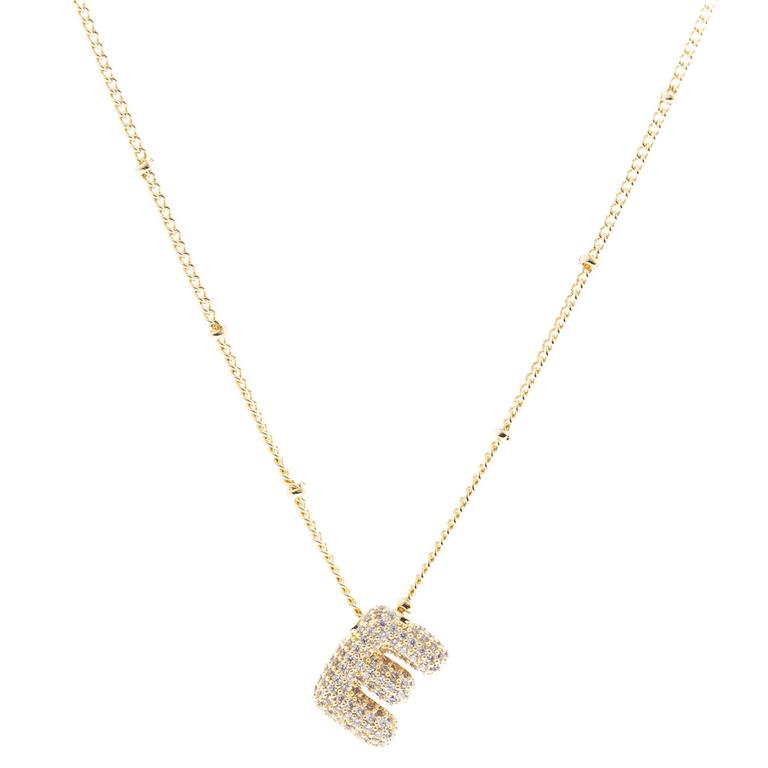 Chloe Necklace: Initial "E" pendant in 18K gold-plated chain with sparkling diamonds. Available sizes: 16", 18", 20".