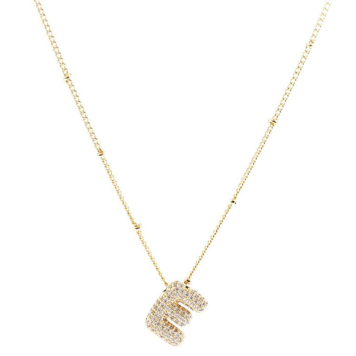 Chloe Necklace: Initial "E" pendant in 18K gold-plated chain with sparkling diamonds. Available sizes: 16", 18", 20".