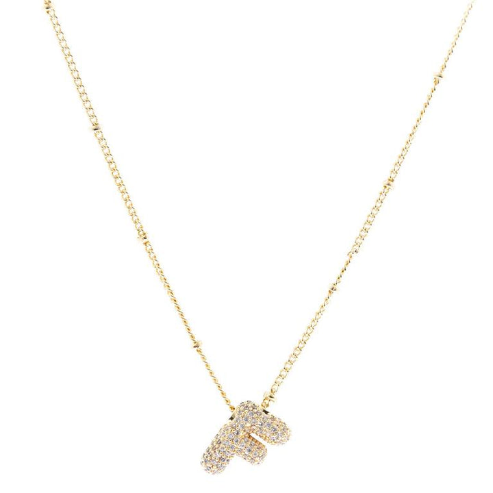 Chloe Necklace: 18K gold-plated with "F" diamond-studded pendant on a delicate chain. Available sizes: 16", 18".