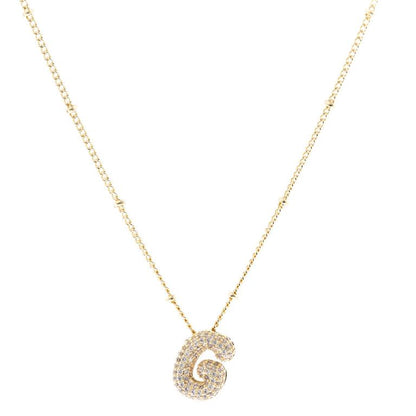 The Chloe Necklace is an 18K gold plated chain with small gold beads and a diamond-encrusted "G" pendant. Available in 16", 18", and 20" sizes.