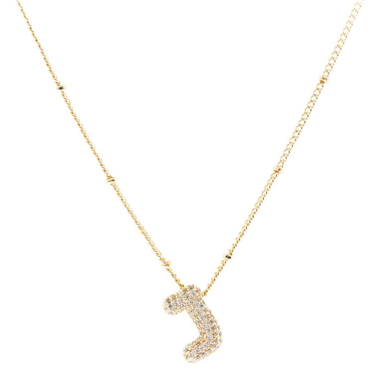 The Chloe Necklace: 18K gold plated chain, diamond-studded "J" pendant. Sizes available: One size.