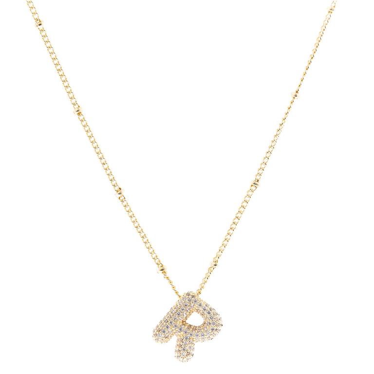 The Chloe Necklace: 18K Gold Plated chain, "R" pendant with diamonds. Available sizes: 16", 18".
