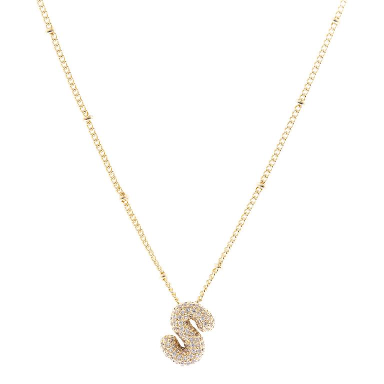 Chloe Necklace: 18K gold-plated with diamond-encrusted "S" pendant on a beaded chain. Available sizes: 16" and 18".