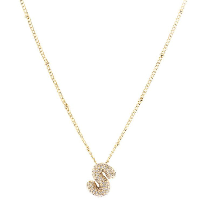Chloe Necklace: 18K gold-plated with diamond-encrusted "S" pendant on a beaded chain. Available sizes: 16" and 18".