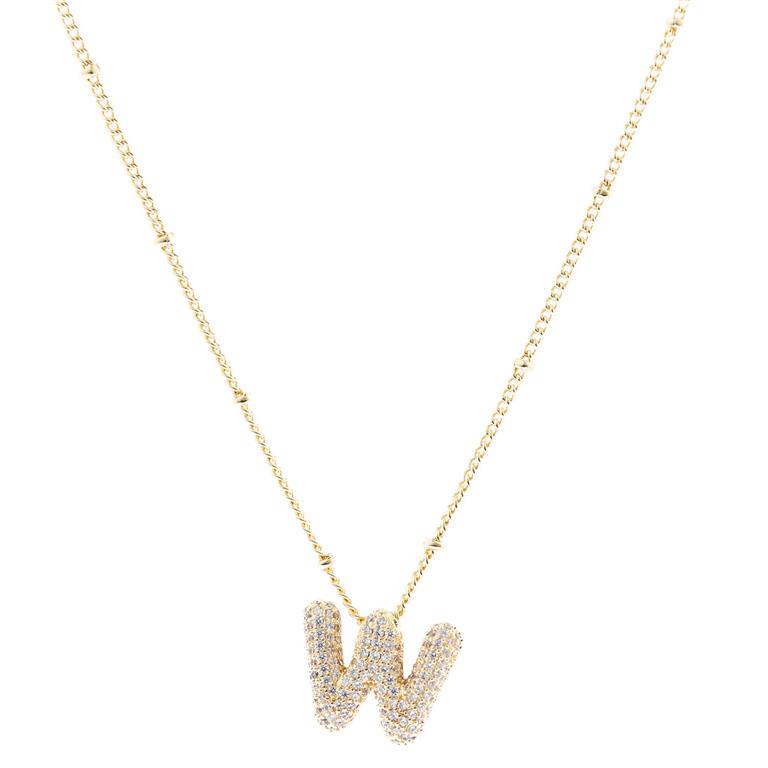 The Chloe Necklace features a "W" pendant with diamonds on an 18K gold-plated beaded chain. Available size: 16 inches.