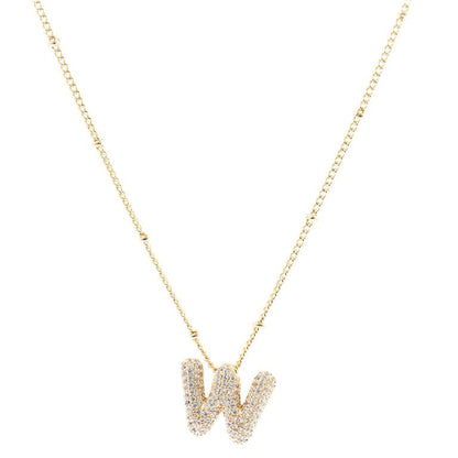 The Chloe Necklace features a "W" pendant with diamonds on an 18K gold-plated beaded chain. Available size: 16 inches.