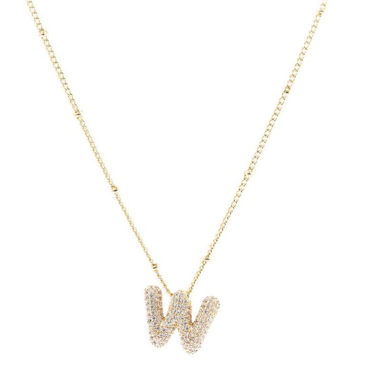 The Chloe Necklace features a "W" pendant with diamonds on an 18K gold-plated beaded chain. Available size: 16 inches.