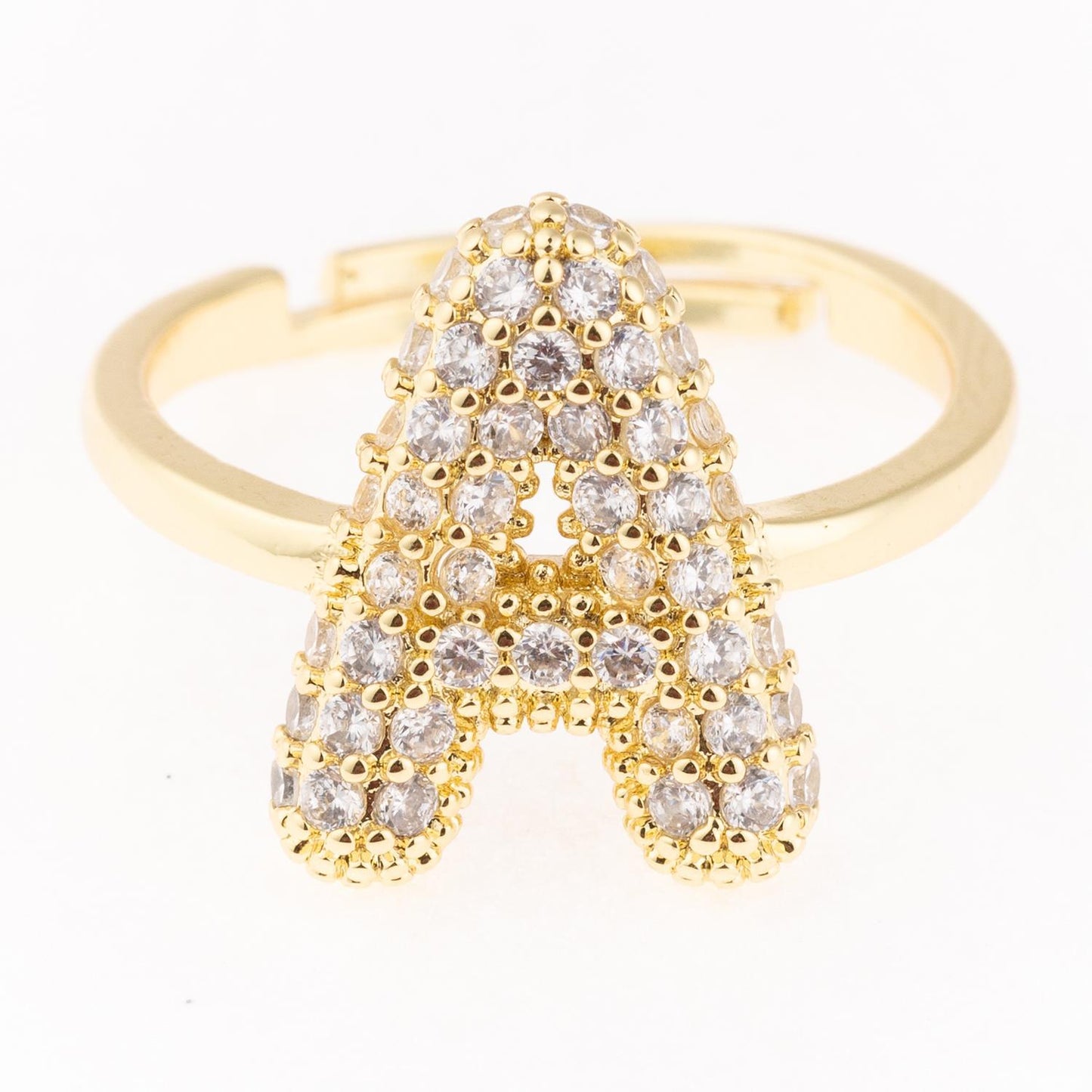 Gold-plated, hypoallergenic Chloe Ring with bold "A" and clear stones. Available in sizes 5-9.