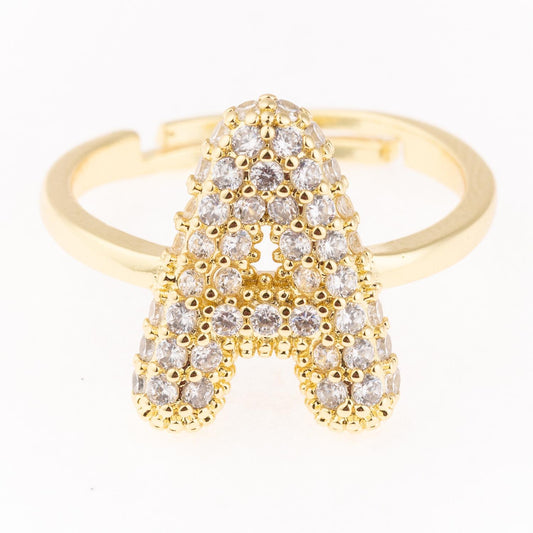 Gold-plated, hypoallergenic Chloe Ring with bold "A" and clear stones. Available in sizes 5-9.