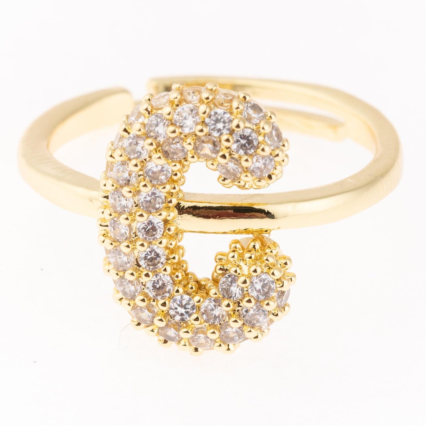 The Chloe Ring: hypoallergenic gold-plated initial ring with bold "G" and clear gemstones. Available sizes: 5, 6, 7, 8.