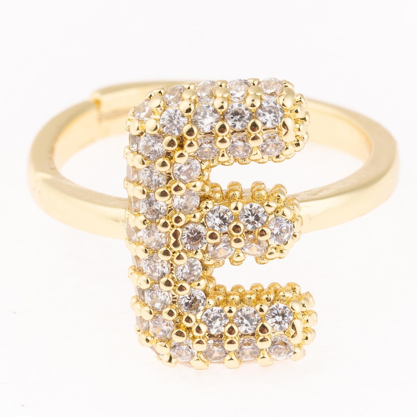 Gold-plated Chloe Ring with diamond-encrusted "E", hypoallergenic. Available in sizes 5-9.