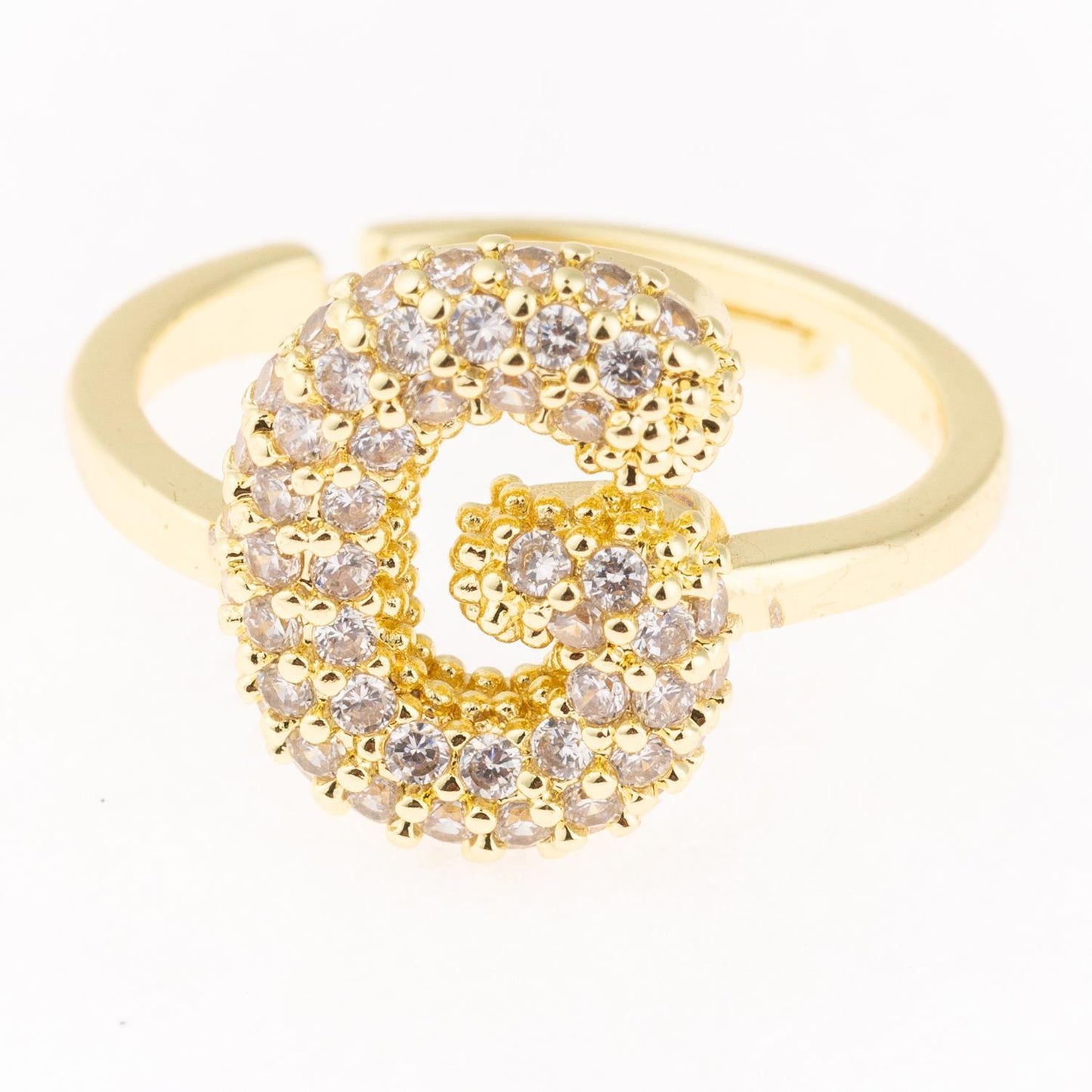 Chloe Ring: Gold-plated, bold "C" with white stones. Hypoallergenic, comfy. Available in sizes 5-9.