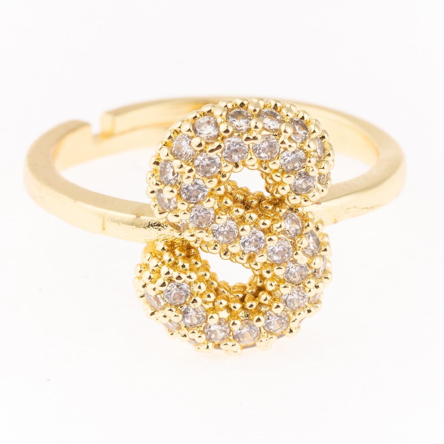 Gold-plated "S" shaped Chloe Ring with small white stones, hypoallergenic. Available in sizes 5-8.