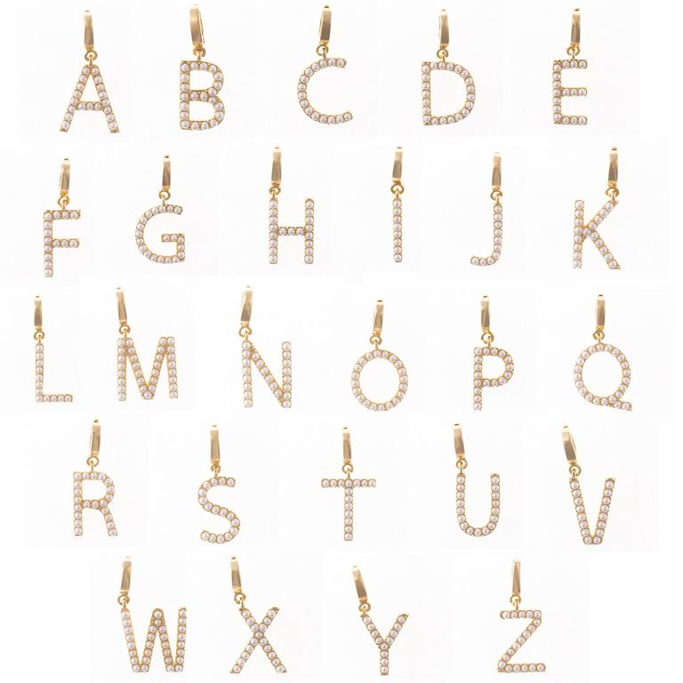 Gold pendants shaped like letters A to Z with small white gemstones. 18K gold-plated. Suitable for Luxe Clip-On Charm Necklace Bar. Sizes available: Standard charm size.