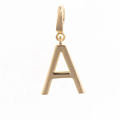18K gold-plated "A" initial pendant with a small top loop, available in multiple sizes for the Sophie Clip-On Charm Necklace Bar.