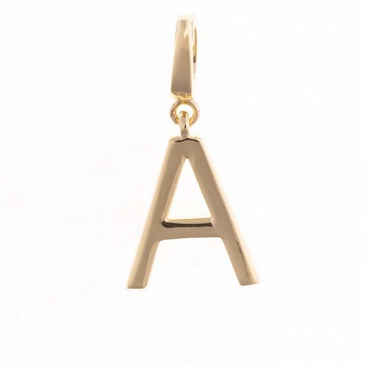 18K gold-plated "A" initial pendant with a small top loop, available in multiple sizes for the Sophie Clip-On Charm Necklace Bar.