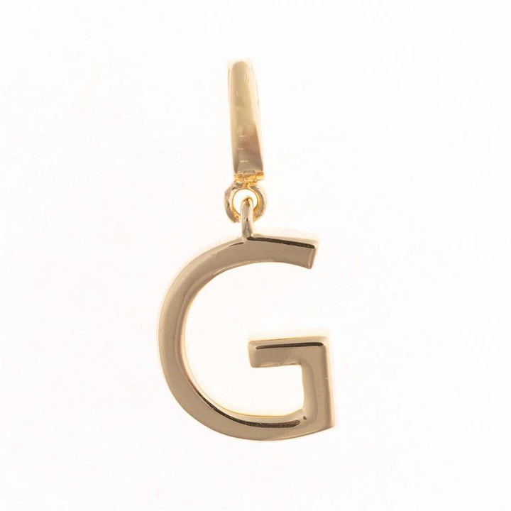 18K gold plated "G" pendant with a top loop for charms. Available sizes: Small, Medium, Large.