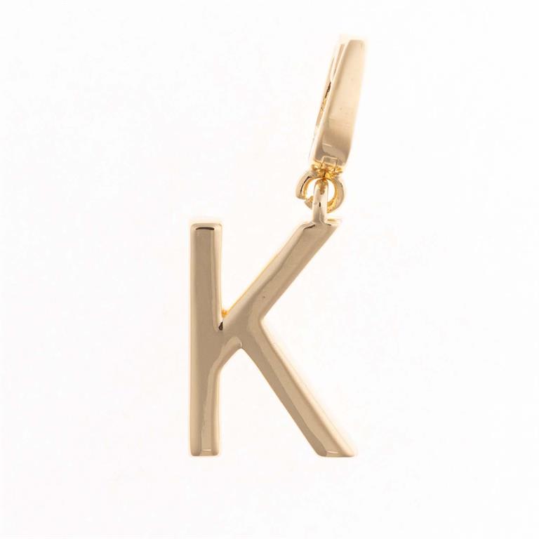 18K gold-plated letter "K" pendant with clip-on loop. Available in multiple sizes. For necklace or bracelet attachment.