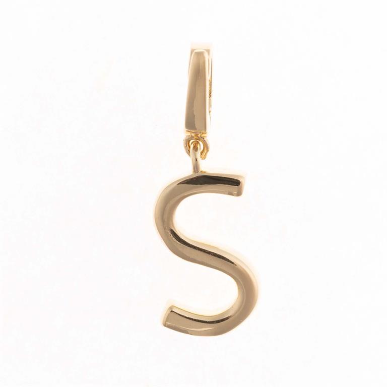 Polished 18K gold plated "S" pendant on a clip-on charm necklace bar. Matching loop. Sizes available: small, medium, large.