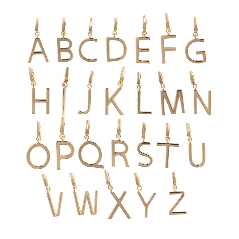 Product: Luxe Clip-On Charm Necklace Bar Description: Gold alphabet charms with 18K gold-plated finish; attachable A to Z. Sizes Available: Not specified.