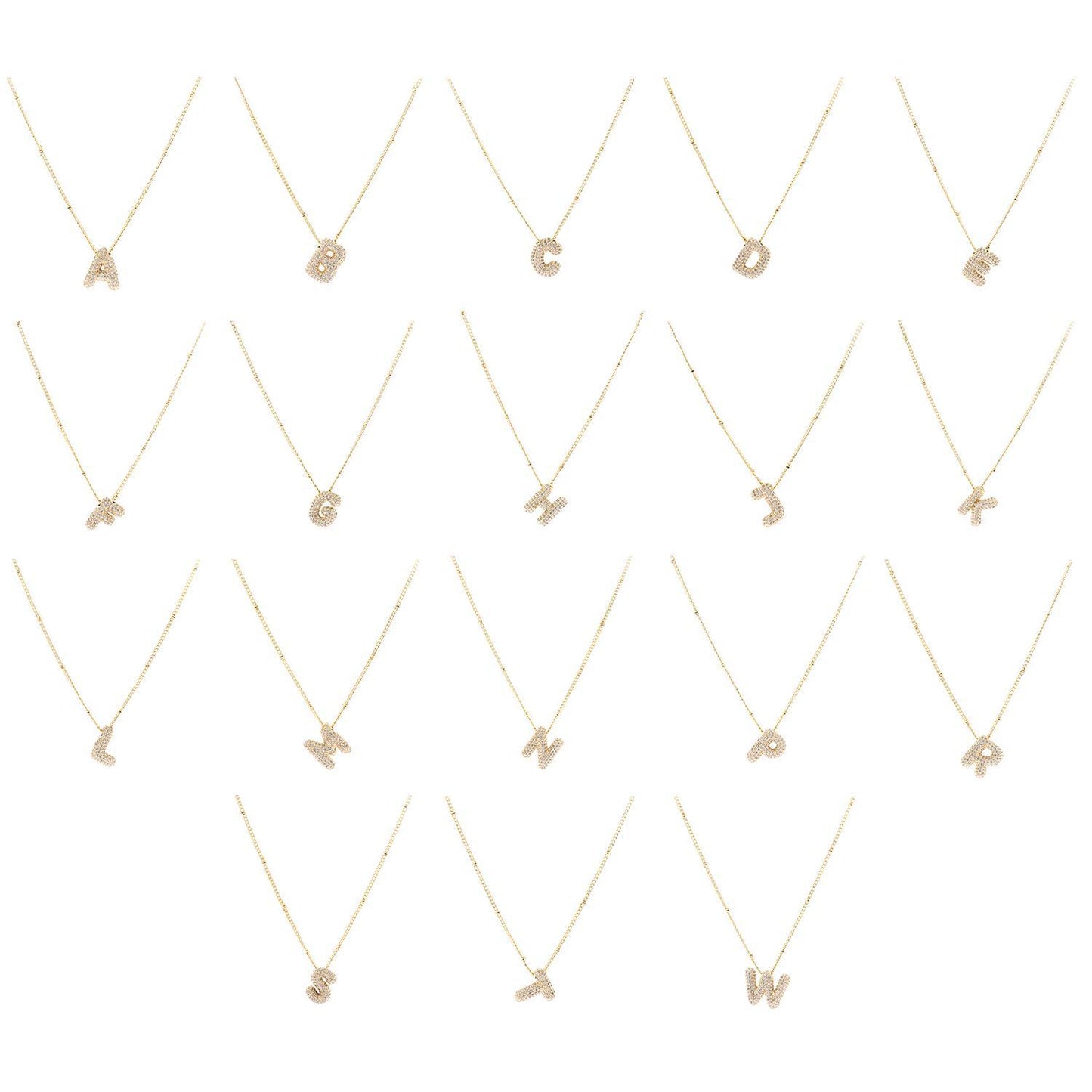 The Chloe Necklace collection offers 18K gold plated initial necklaces with letter pendants from A to W. Available sizes: Adjustable chain length from 16 to 18 inches.
