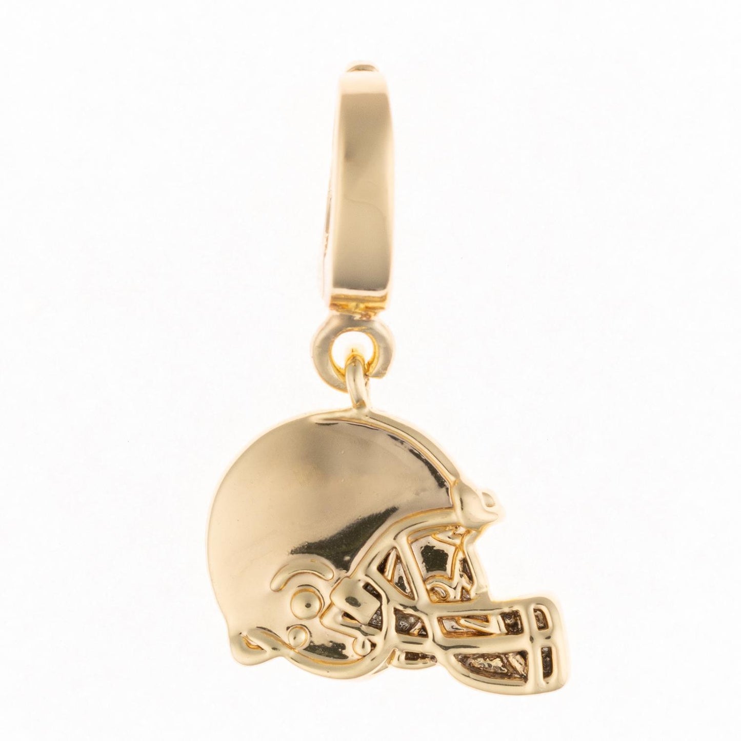 18K gold-plated American football helmet charm with circular loop; available in multiple sizes.