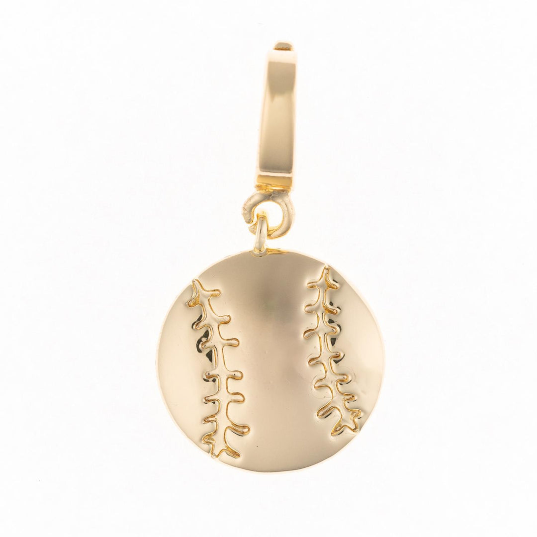 Gold 18K-plated baseball-shaped charm with engraved stitching, top loop; available in multiple sizes.
