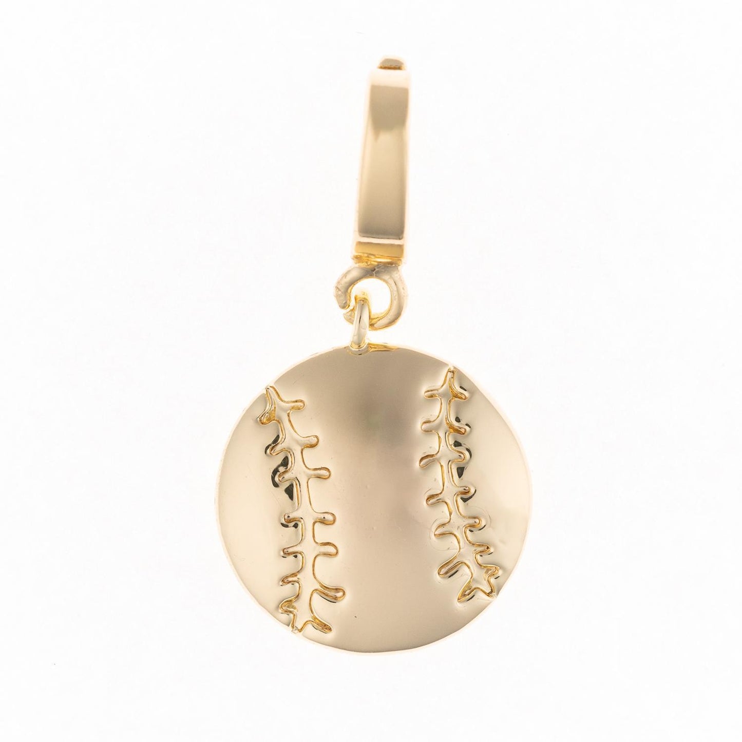 Gold 18K-plated baseball-shaped charm with engraved stitching, top loop; available in multiple sizes.