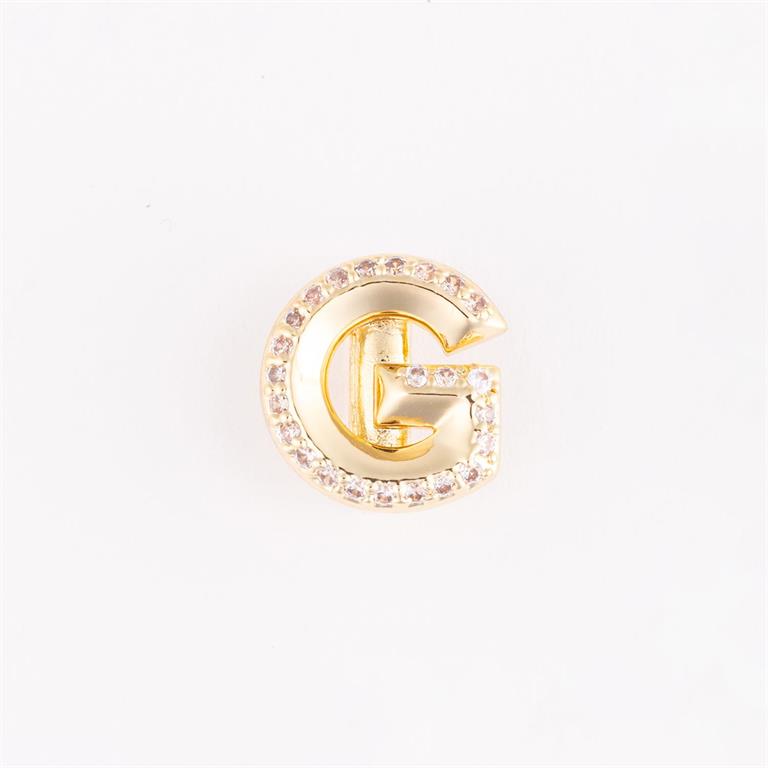 Gold "G"-shaped pin with clear gemstones outline. Available sizes: small, medium, large.