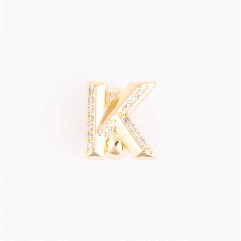 Gold "K" pin with sparkling gemstones for bracelet customization; available in multiple sizes.