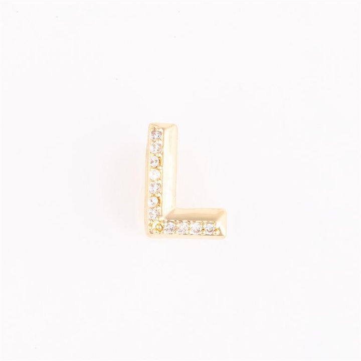 Gold letter charm with diamonds for bracelet customization; available in multiple sizes.
