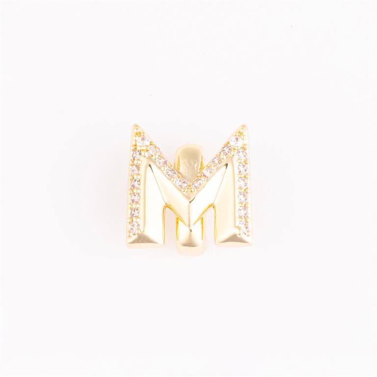 Gold letter "M" charm with clear stone accents on the edges; available in small and medium sizes.