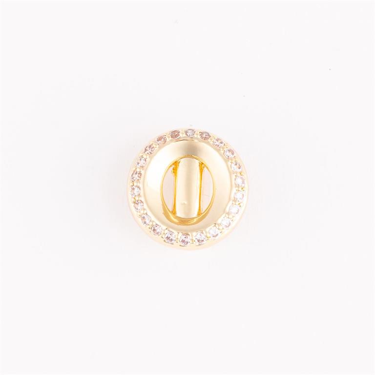 Camryn Bracelet Charm Bar: round gold button, central slot, clear rhinestone border. Available in multiple sizes.