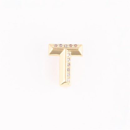Gold letter "T" charm with clear gemstones on top and center. Available in small, medium, and large sizes.