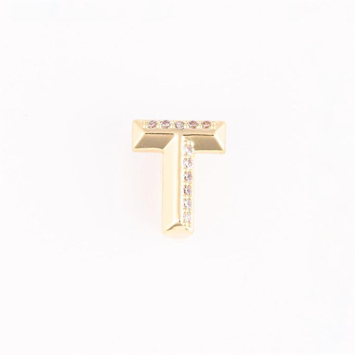 Gold letter "T" charm with clear gemstones on top and center. Available in small, medium, and large sizes.