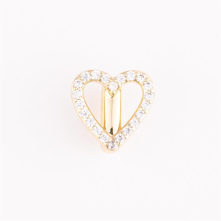 Gold, heart-shaped charm with clear stones and vertical gold bar. Sizes: small, medium, large. Ideal for bracelet customization.