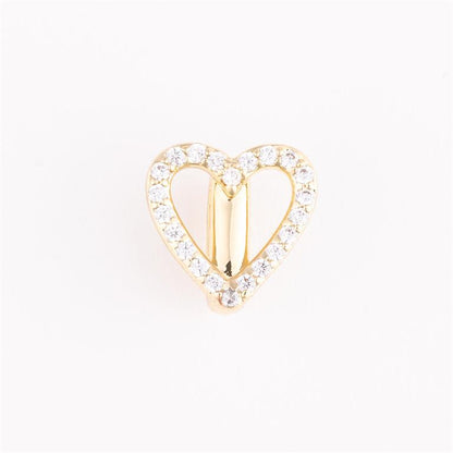 Gold, heart-shaped charm with clear stones and vertical gold bar. Sizes: small, medium, large. Ideal for bracelet customization.