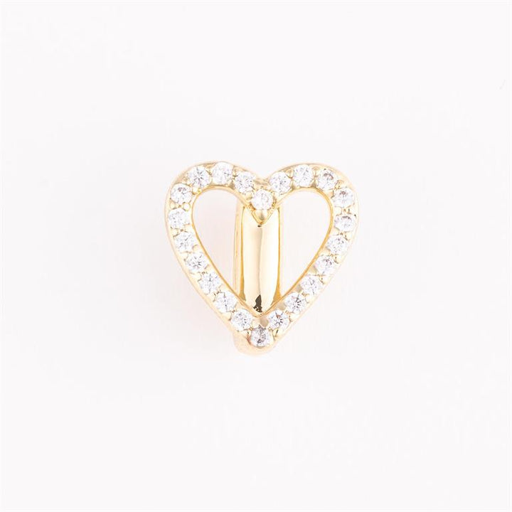 Gold, heart-shaped charm with clear stones and vertical gold bar. Sizes: small, medium, large. Ideal for bracelet customization.