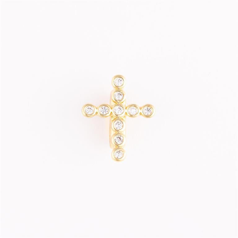 Gold cross charm with round clear gemstones at ends and center. Available in multiple sizes for customizable bracelets.